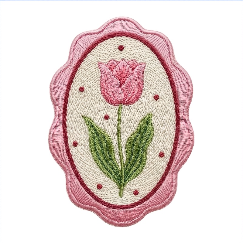 TEMU 1pc Iron On Embroidered Patch, Scalloped Oval Frame Floral Sew On Applique, Cottagecore Aesthetic Plant Patch For Jacket Dress Backpack Clothing