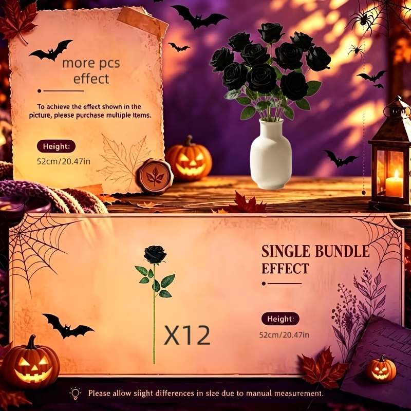TEMU 12pcs Artificial Realistic Roses - Black Long Stem Faux Flowers, No Maintenance Required, Suitable For Autumn, , Halloween, Christmas,