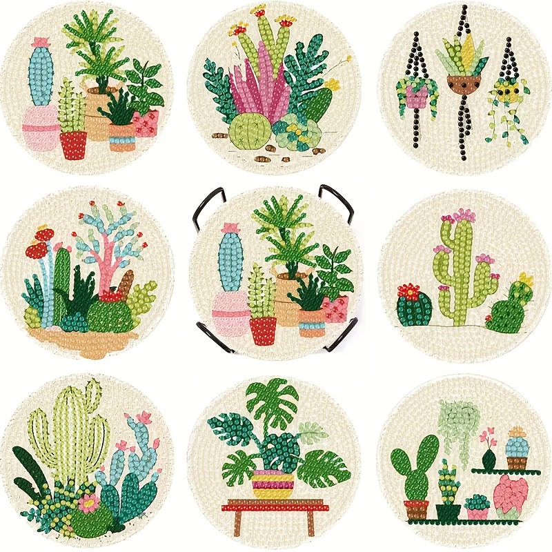 TEMU 8pcs Diamond Painting Cup Coaster & Holder Set With Round Diamonds - Diy Plant-themed Drink Pads, Wood Craft Suitable For Adults & Beginners,