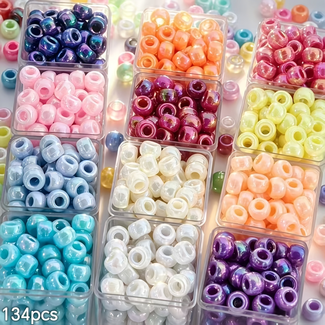 TEMU Lot de 134 perles tubulaires acryliques AB à brillant de à grand trou, assortiment multicolore mélangé, perles tonneau à trou traversant pour