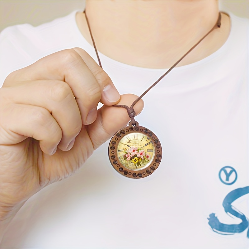 Vintage Clock Design Wooden Pendant Necklace