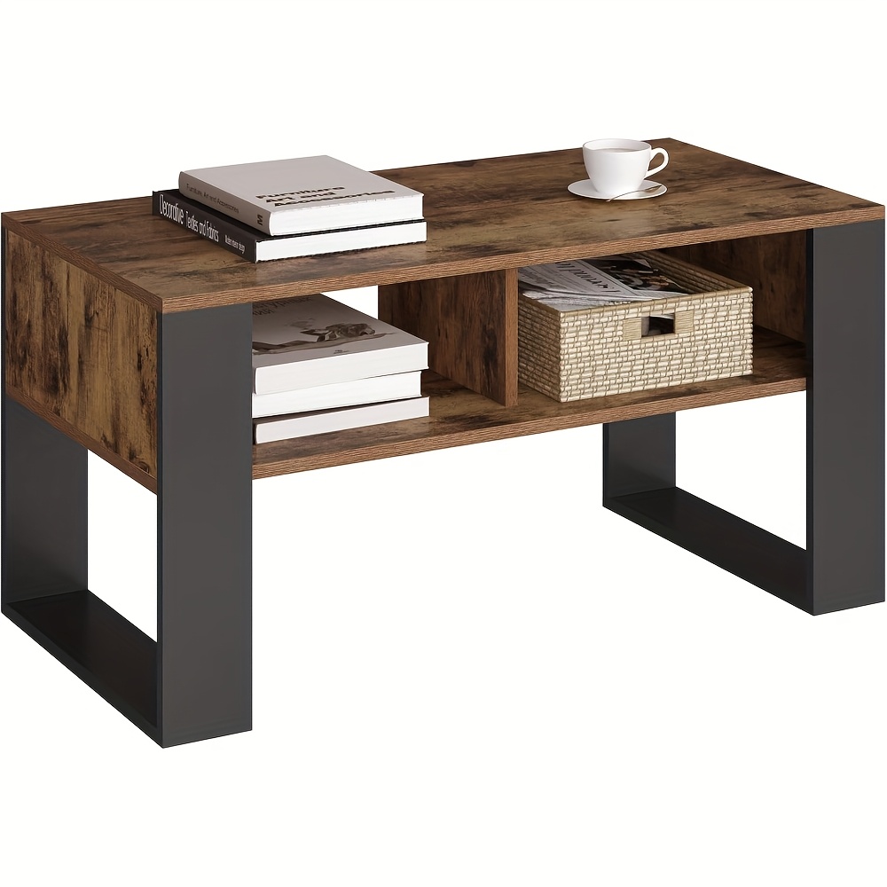 1pc Coffee Table With Storage Space, 2 Open Compartments, Living Room Side Table, Modern Living Room Table, Rectangular Coffee Table, Sofa Table, Light Oak Black