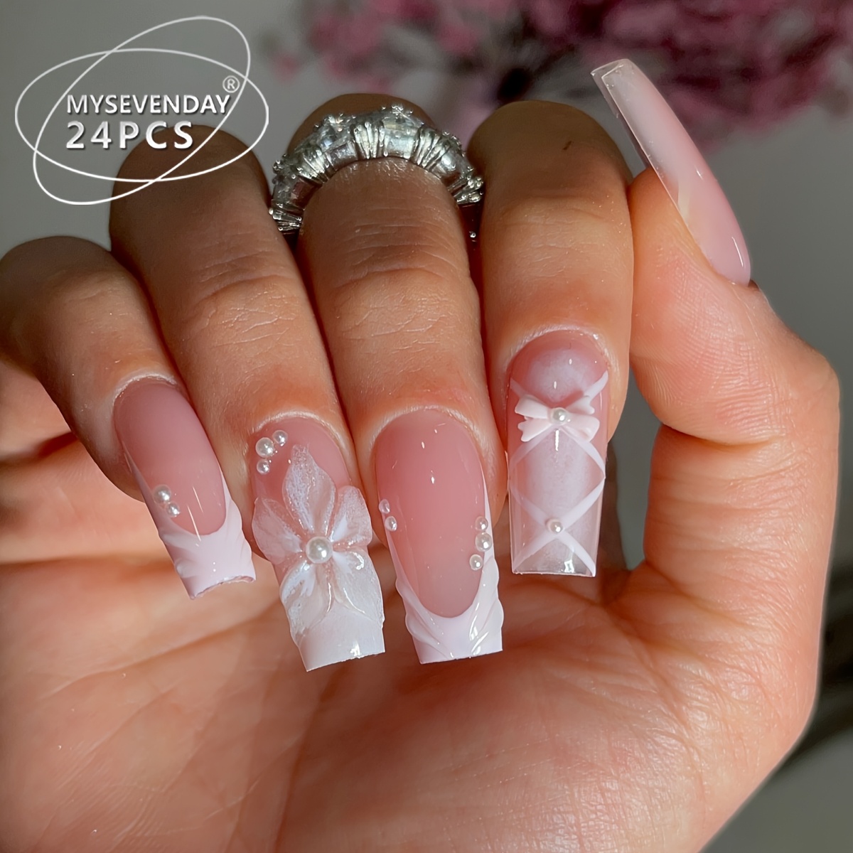 TEMU 24pcs Medium Square Press-on Nails, Nude Pink Glossy White Tip Stripe Print With 3d Bow , Artificial Nails For Women. Suitable For Daily Wear,