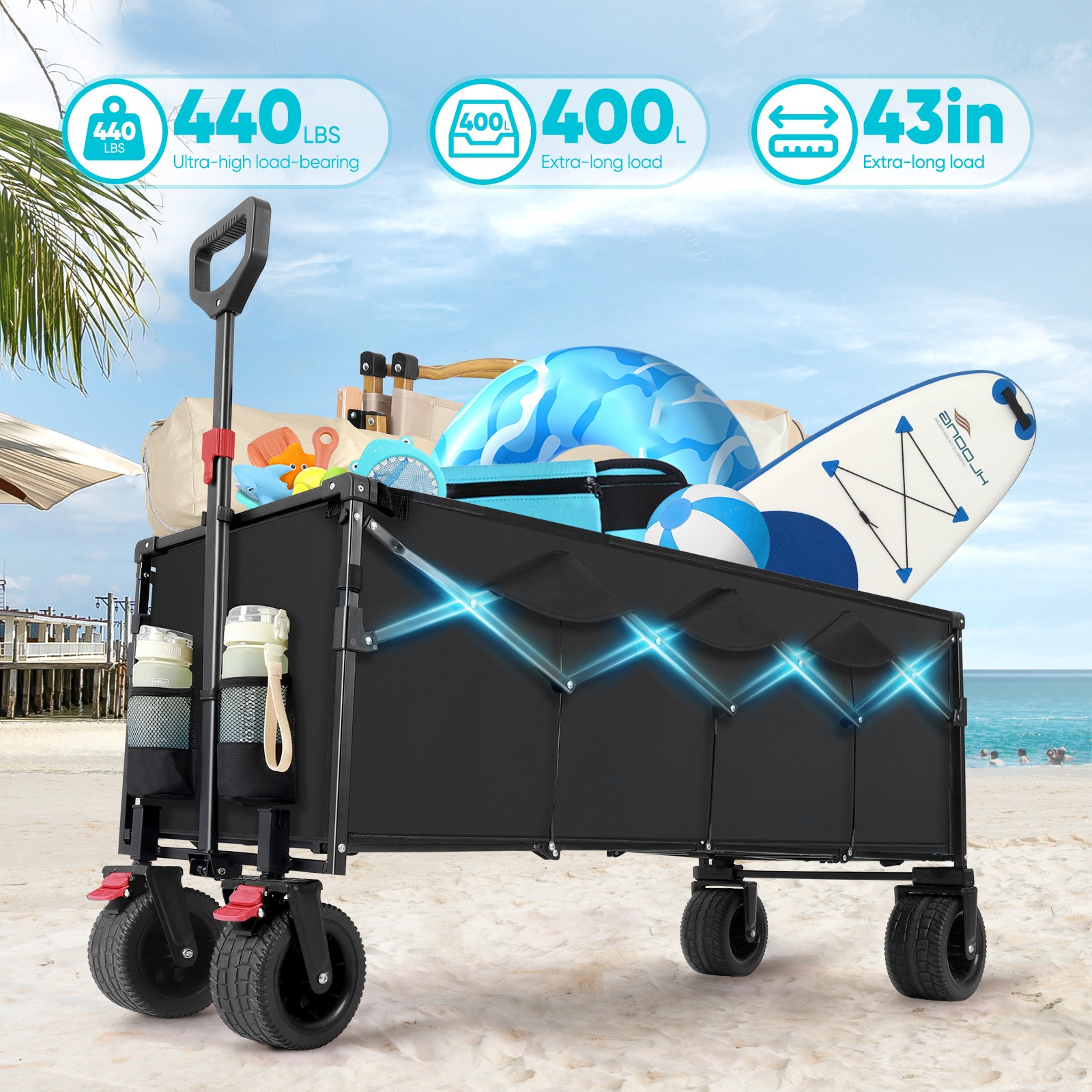 Collapsible folding garden cart with extended tailgate, 500L large capacity, heavy-duty steel frame, supports up to 440 lbs. Equipped with oversized all-terrain wheels for smooth movement on sand, grass, and gravel. Ideal for shopping, camping, garde