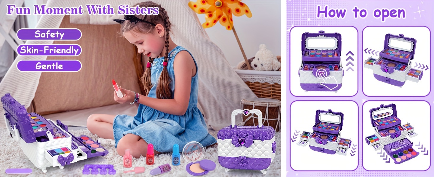 55pcs kids makeup kit for girl washable kids makeup girl toys real make up set kids toys for little girls toddler princess birthday gifts toys for christmas halloween gift details 6