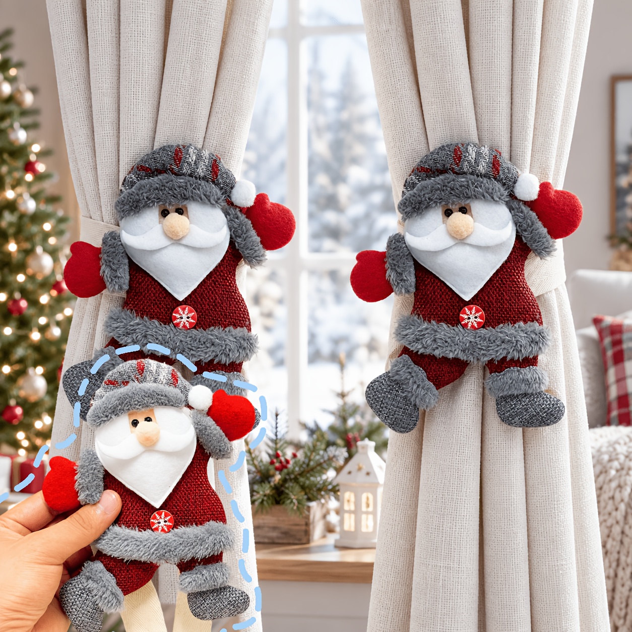 TEMU de rideaux 2 pièces en feutre sur le thème de Noël, grands attrapes-rideaux décoratifs, Père Noël, de neige, et , décoration de fenêtre pour les