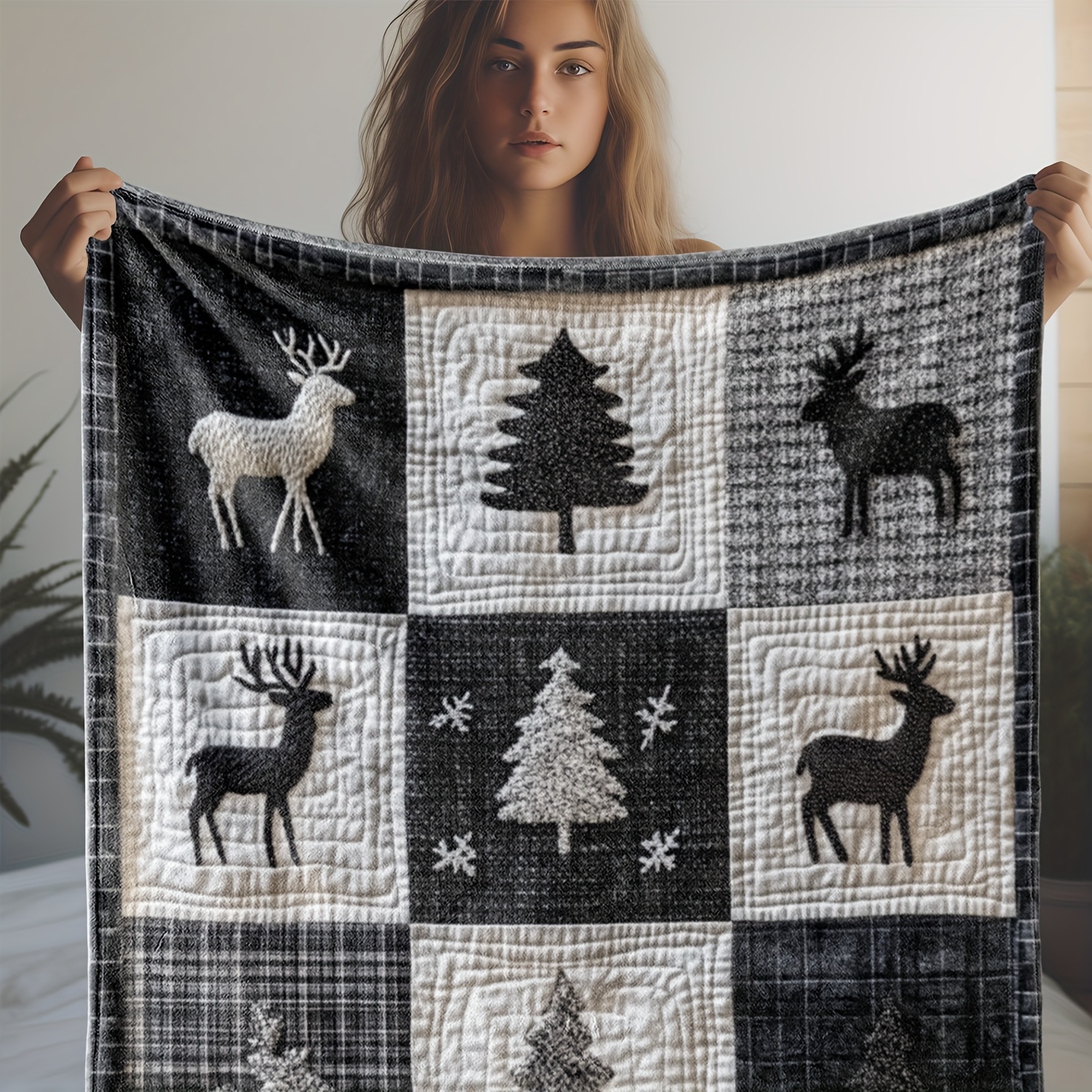 

Cozy Vintage Christmas Flannel Blanket With Deer & Tree Print - Soft, Warm, Black & White Checkered Throw, Ideal For Sofa, Bed, Car, Office, Camping & Travel - Gift