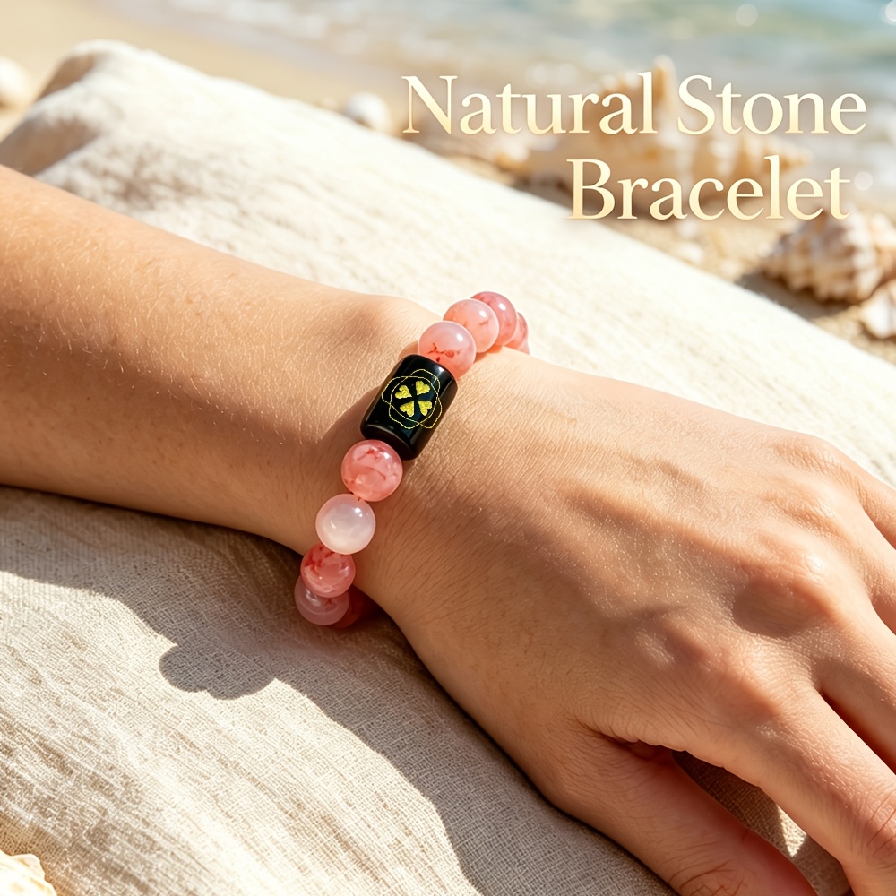Women's Natural Agate Beaded Bracelet with Golden Engraved Hearts