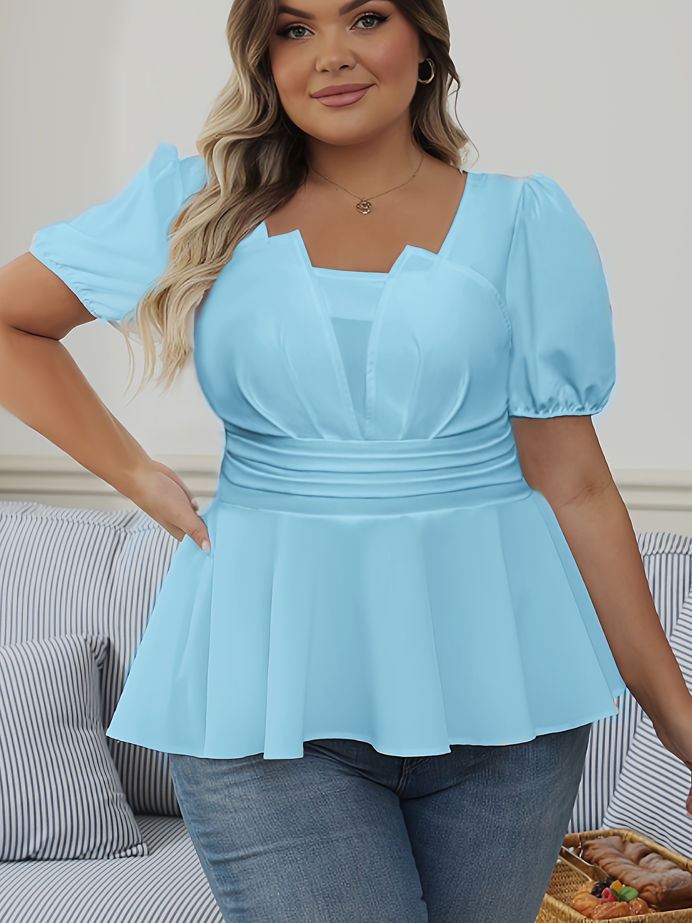 elegant plus size womens solid neck short - Temu