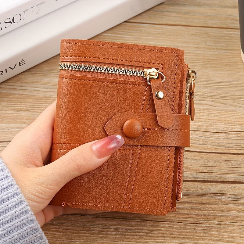 TEMU 1pc Classic Leather Women', Mini Bifold With Snap Closure, Large Capacity Coin Purse, Multiple Card Slots, Polyester Lined, Slip Pockets For