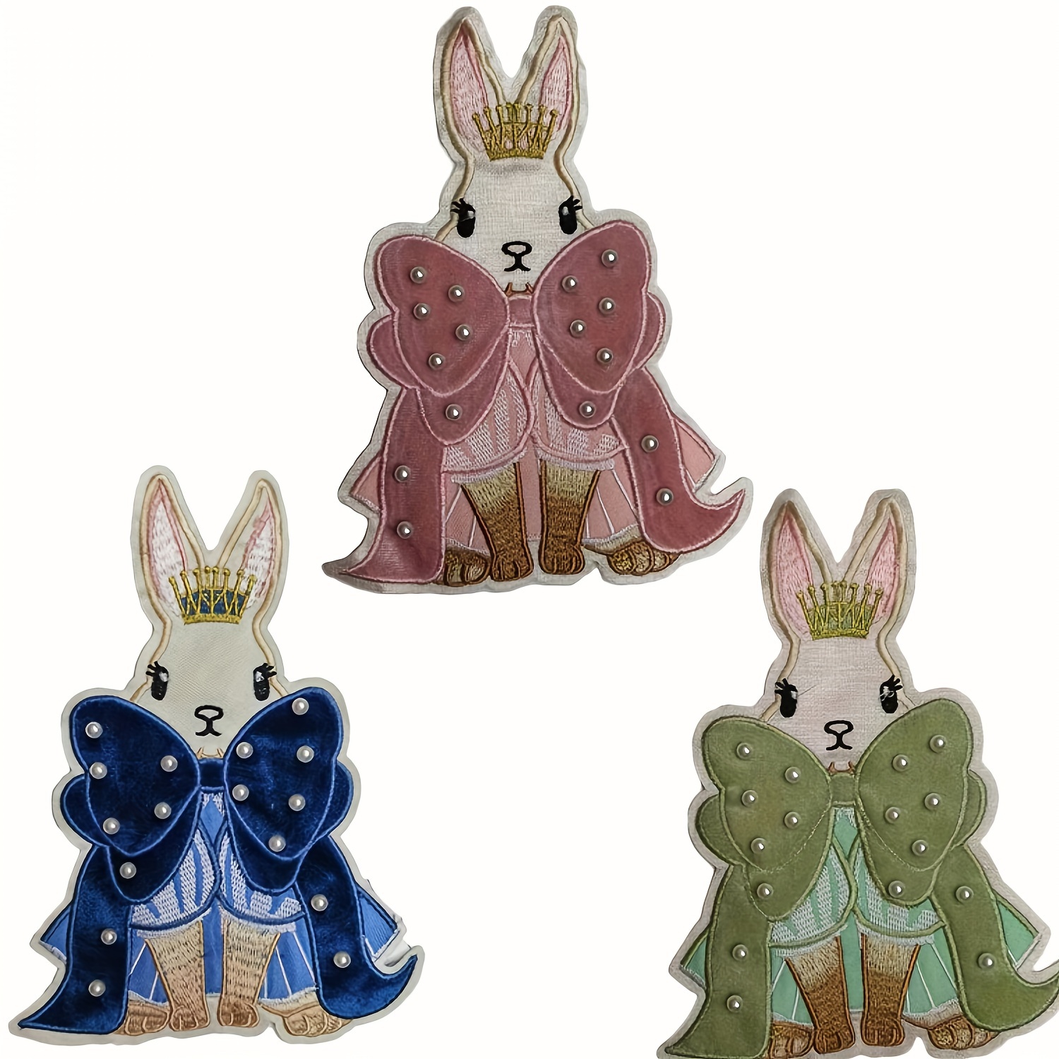 

Festive Embroidered Rabbit Patches: Pink, Blue, And Green Designs For Diy Projects