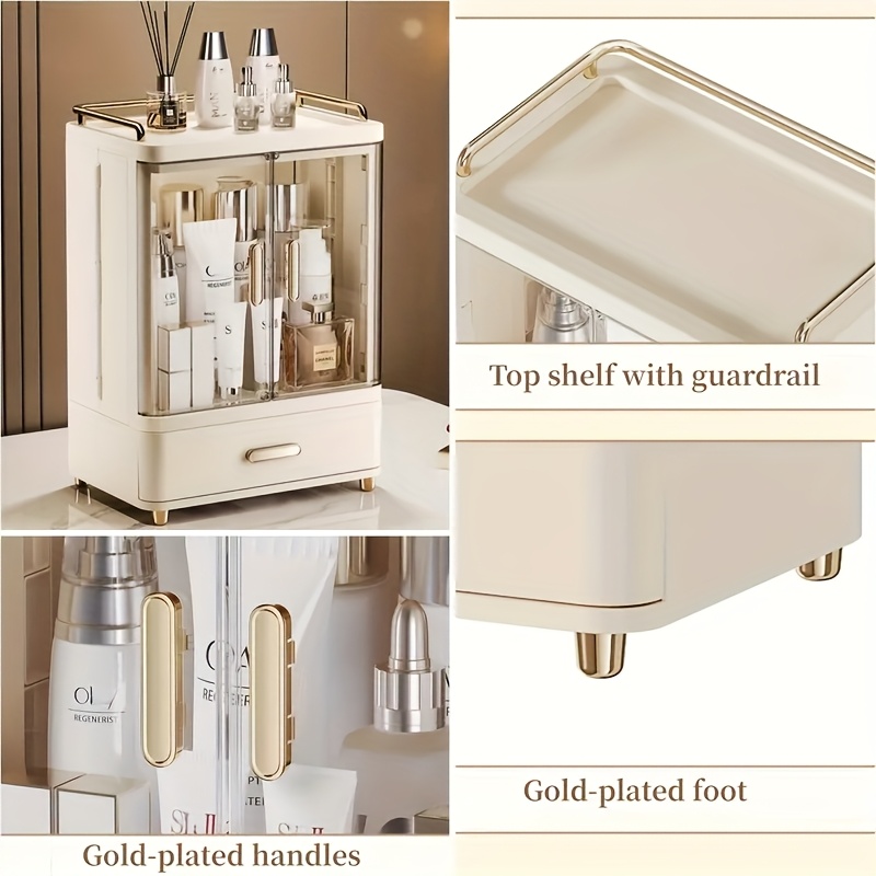 2 3 layer cosmetic storage organizer with golden plated handles top shelf   durable plastic freestanding bathroom bedroom storage box polished   no power needed bathroom organizers and storage Product details 0