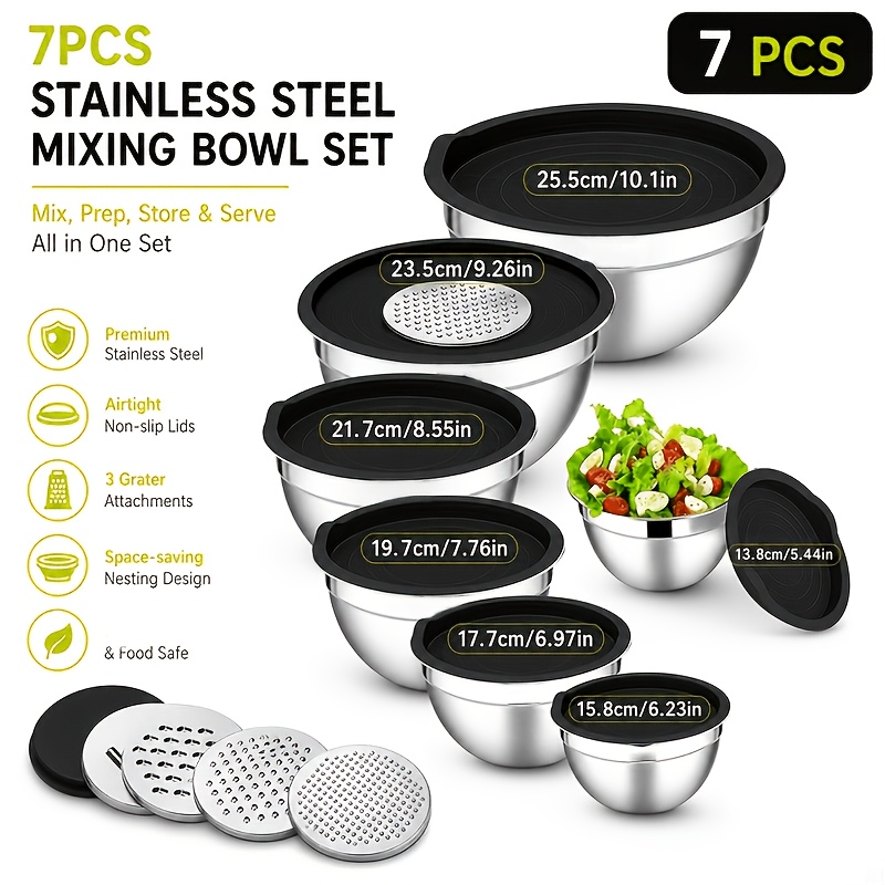 Food Grade Stainless Steel Kit With Sealing Covers & Slicing Shredding , Colanders Strainers Drain Basin, Stackable Kitchen Filter Utensils For Rice Straining, Cooking