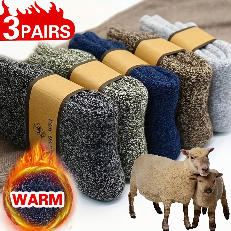 3 Pairs Men's Winter Warm Socks, Thick Towel Mid-Calf Socks, Anti-Cold Snow Boots Socks, Size 39-44, Polyester Blend, Elastic, Solid Color, Hand Wash or Dry Clean, Knitted Fabric