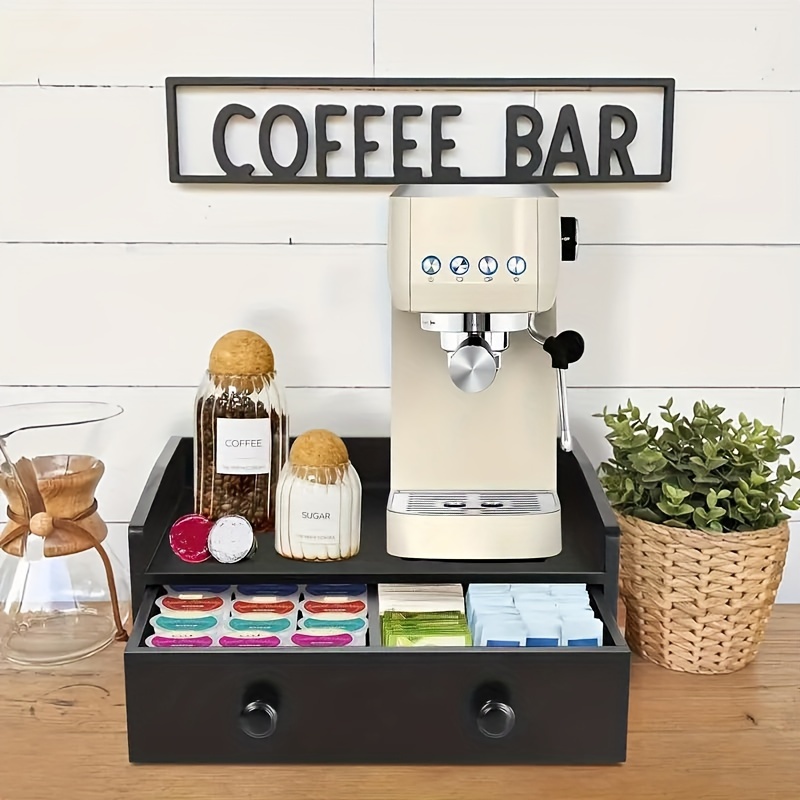 

Rustic Wooden Coffee Bar Organizer With Coffee Station Accessories: Farmhouse Style, Wooden Material, Window View Feature