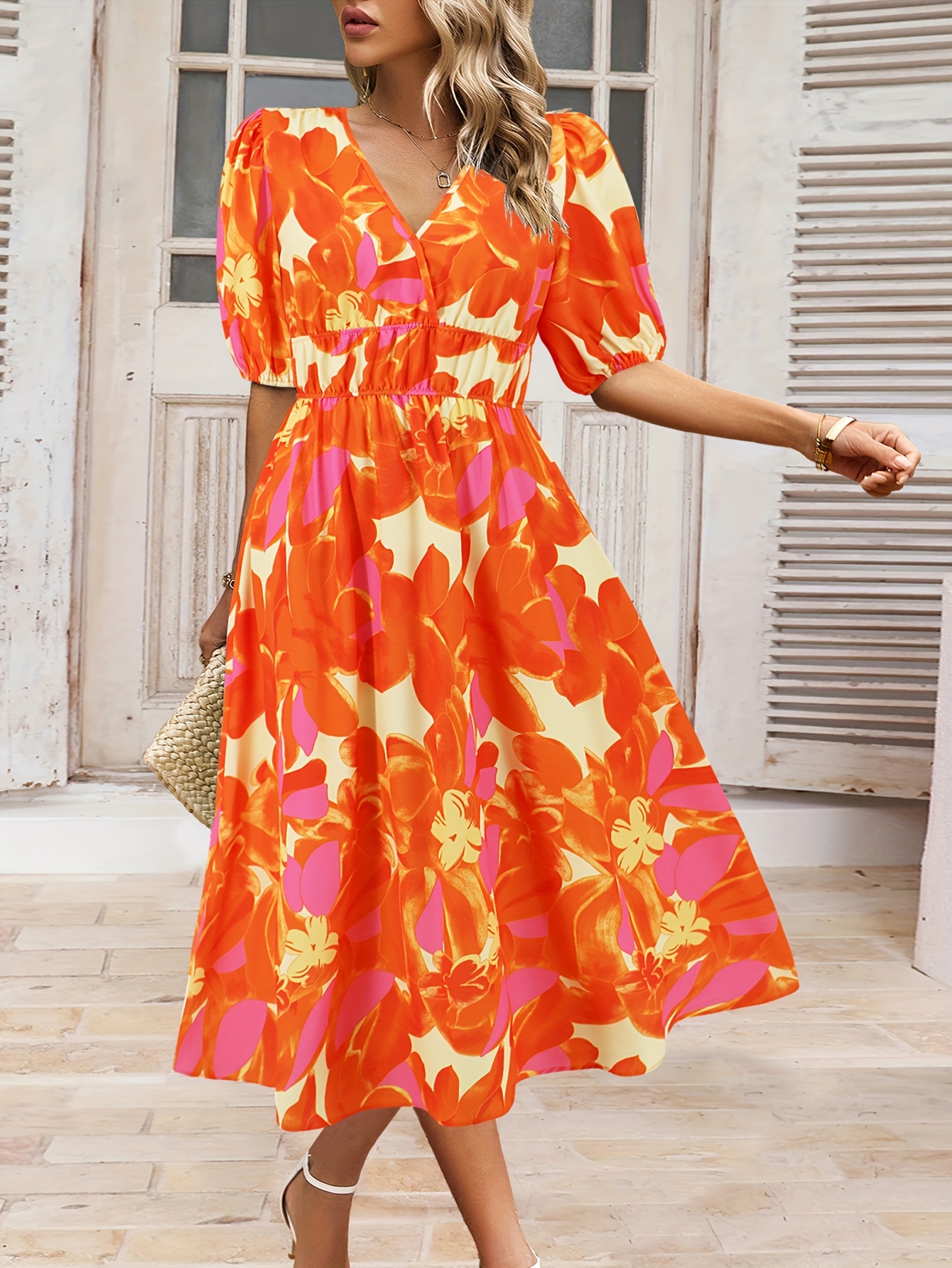 Floral Print V Neck Midi Dress, Elegant Short Sleeve Cinched Waist Flared  Dress, Women's Clothing