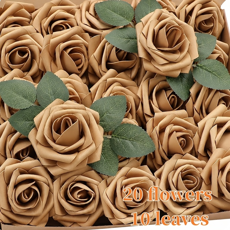 TEMU 30pcs Artificial Flowers, 20 Roses   10 Green Leaves, Golden Faux Roses With Stems And Green Foliage, For Diy Wedding Bouquets, Christmas