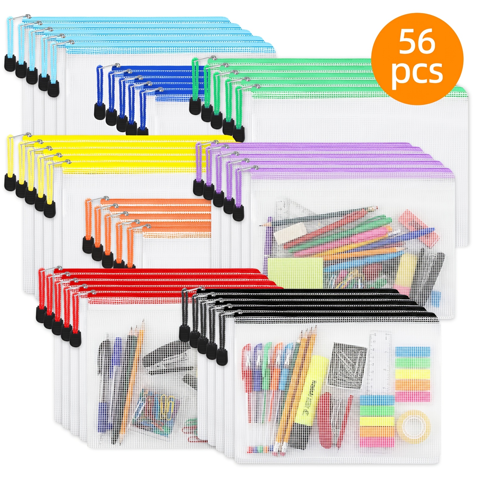 TEMU Tomnk 56pcs Mesh Zipper Pouch Bags, Multiple Colors, Waterproof A4 Document Organizer For Travel, School, Puzzles, Office Supplies, Durable Pvc
