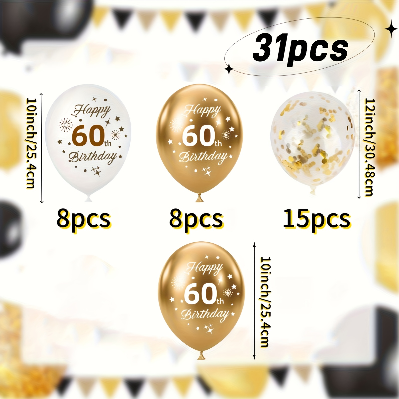 TEMU 31pcs Golden And White Happy 60th Birthday Latex Balloon Set, Suitable For Men And Women's Birthday Party Decoration, Anniversary Decoration,