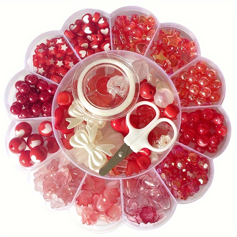 

Diy Jewelry Making Kit: Red Acrylic Beads Set (0.6-2cm) With Matching Thread & Scissors - Perfect For Bracelets, Necklaces, Rings