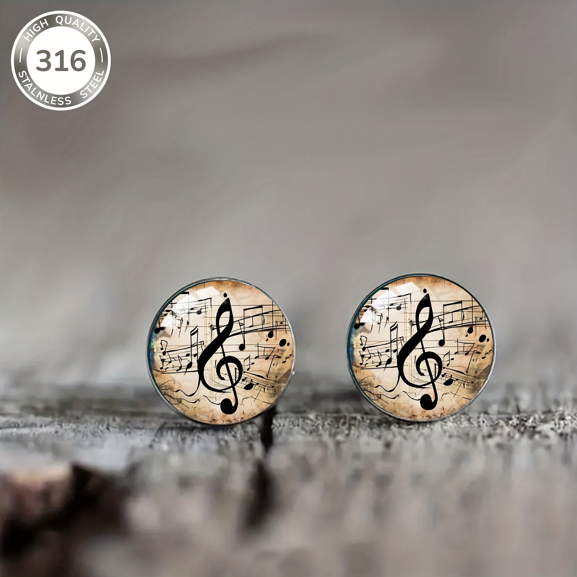 Image of 1 Pair Of Yellow-based Mottled Music Note Pattern Steel Stud Earrings, Vintage Jewelry For Men And Women, Suitable For Daily Wear And Parties