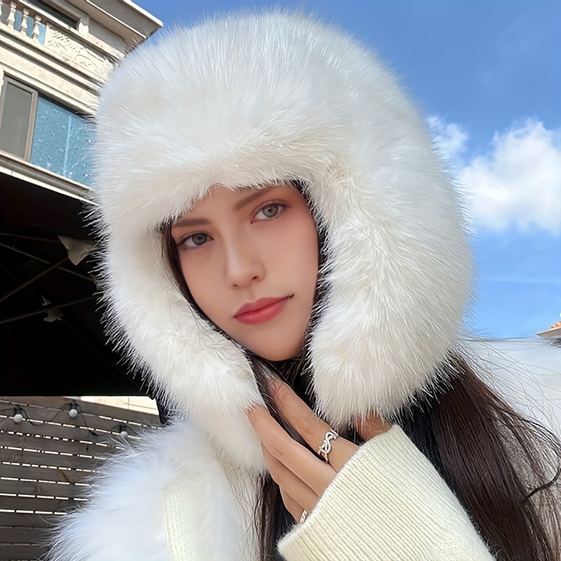 

1pc White Fluffy Fur Balaclava Hat With Ear Flaps – Plush Coldproof Hat For Women, Autumn & Winter Outdoor Activities, Autumn Fashion Hat | Cozy Winter Cap | Soft Polyester Construction, Winter Hat