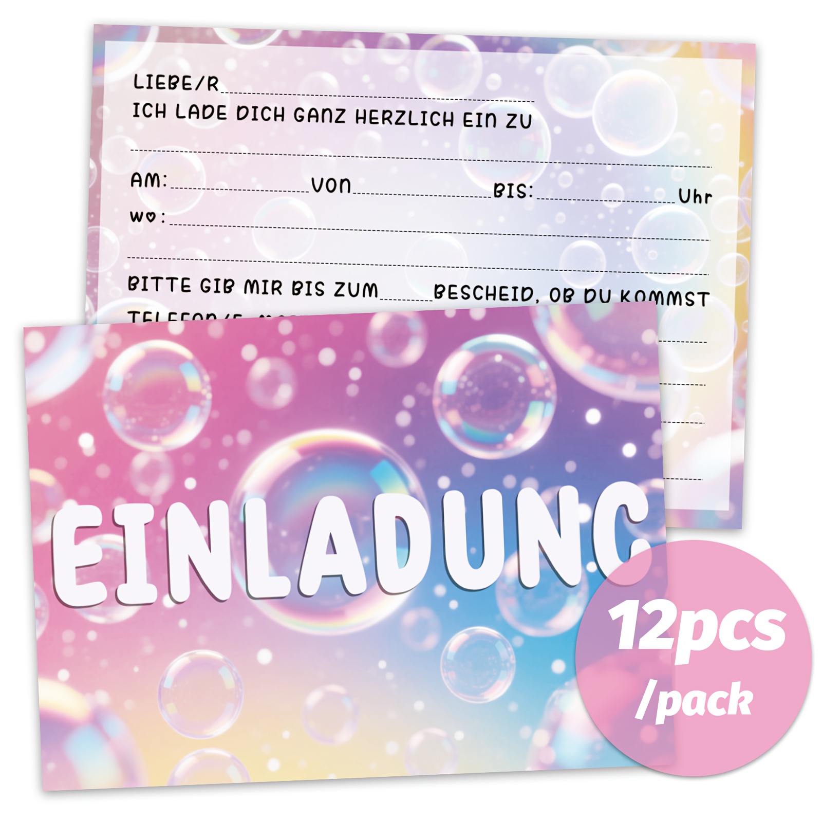 E-shop 12 Stück Traumhafte Aquarell Blasen Themen Einladungskarten | Farbenfroher Farbverlauf Hintergrund mit Blasen Effekt, Frisch und Traumhaft, Bunt