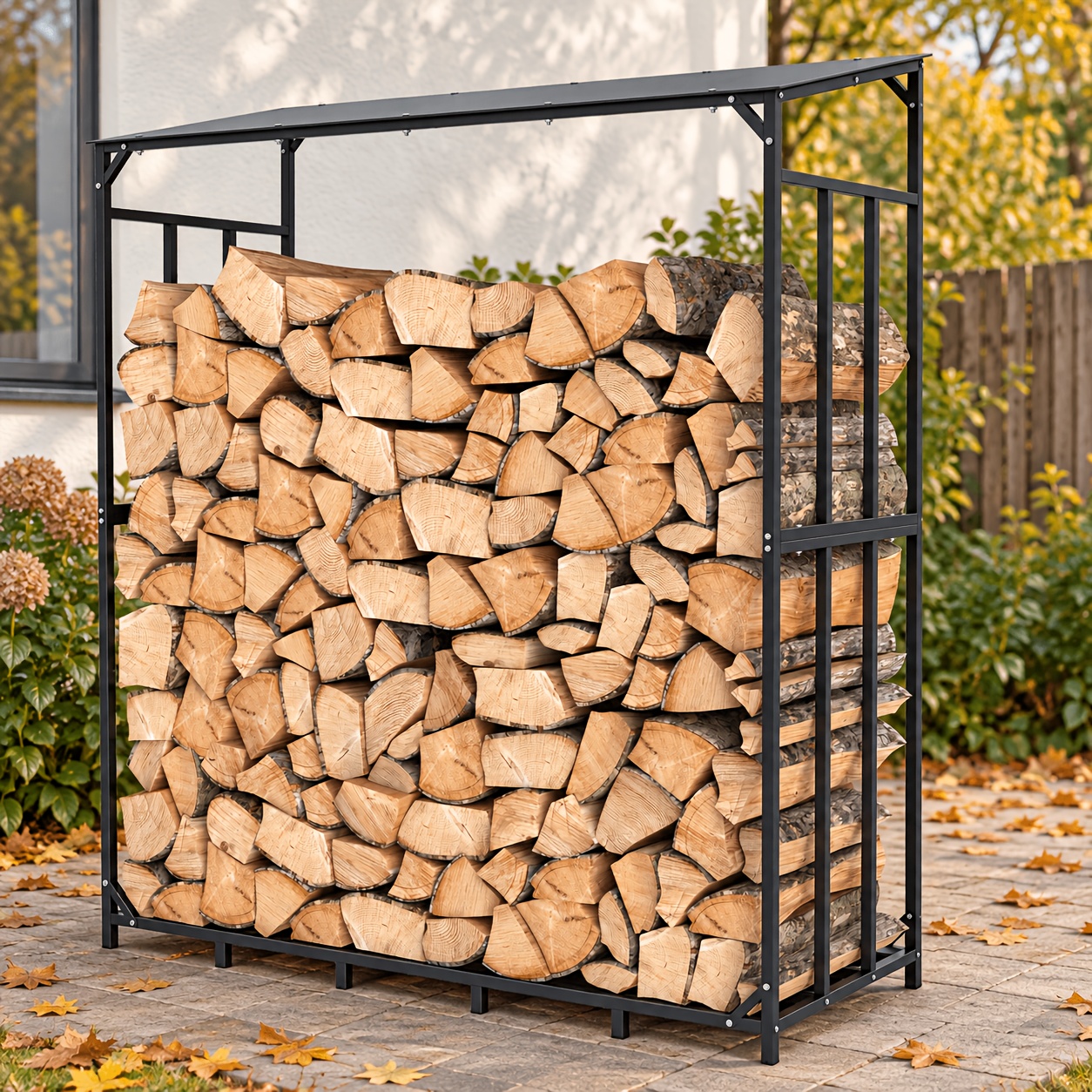 Image of Heavy Duty Firewood Rack With Cover, Outdoor Log Storage Holder, Rust Resistant Steel Wood Rack For Fireplace, Patio, Backyard, 61.6 .6 .3 Inch
