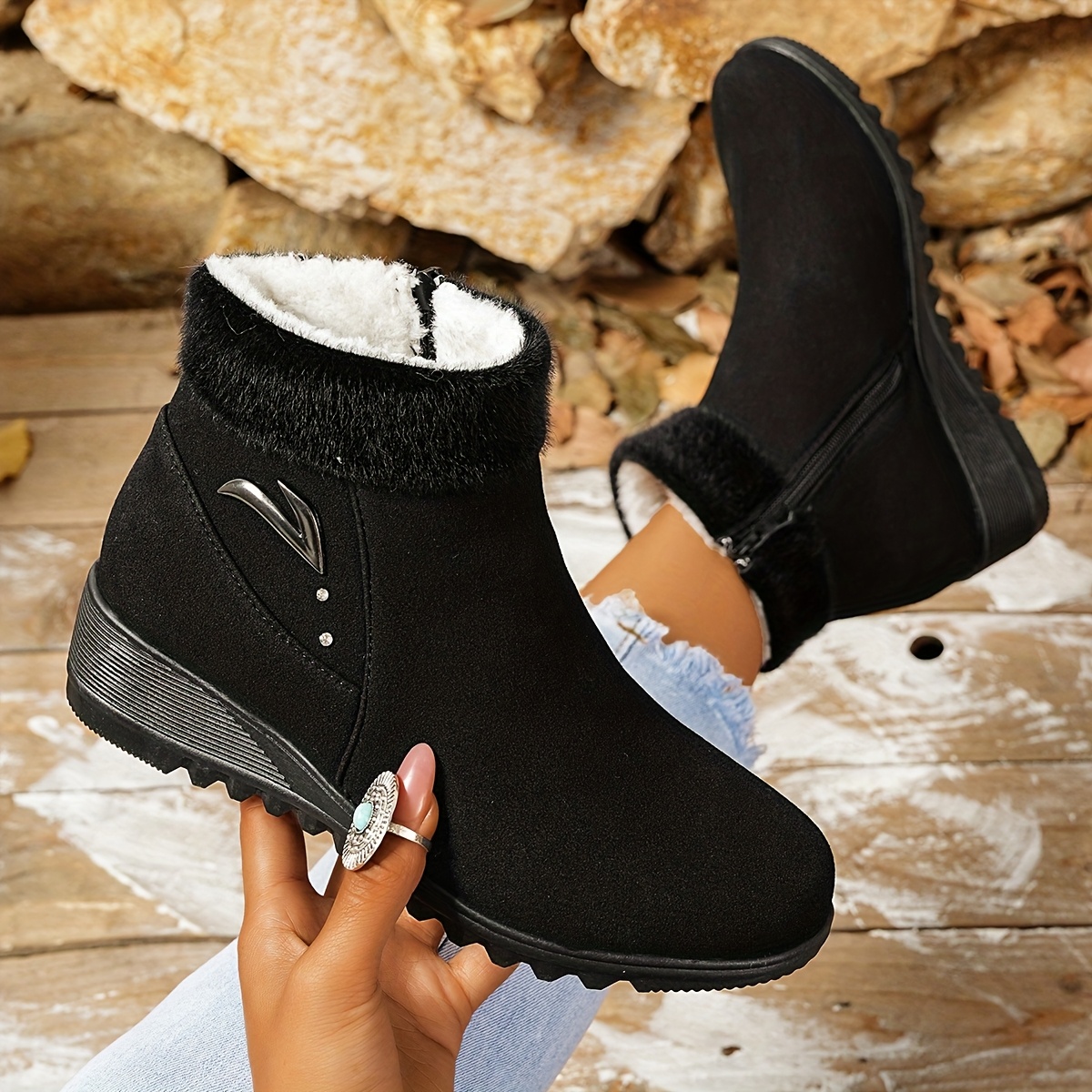 a pair of black casual versatile moms faux fur british style 2025 autumn winter boots ins trendy zipper flat short ankle shoes seasonal fashion cold   stylish ankle boots trendy boots cozy footwear soft fabric lining chunky heel boots womens boots winter wardrobe stylish moms 1