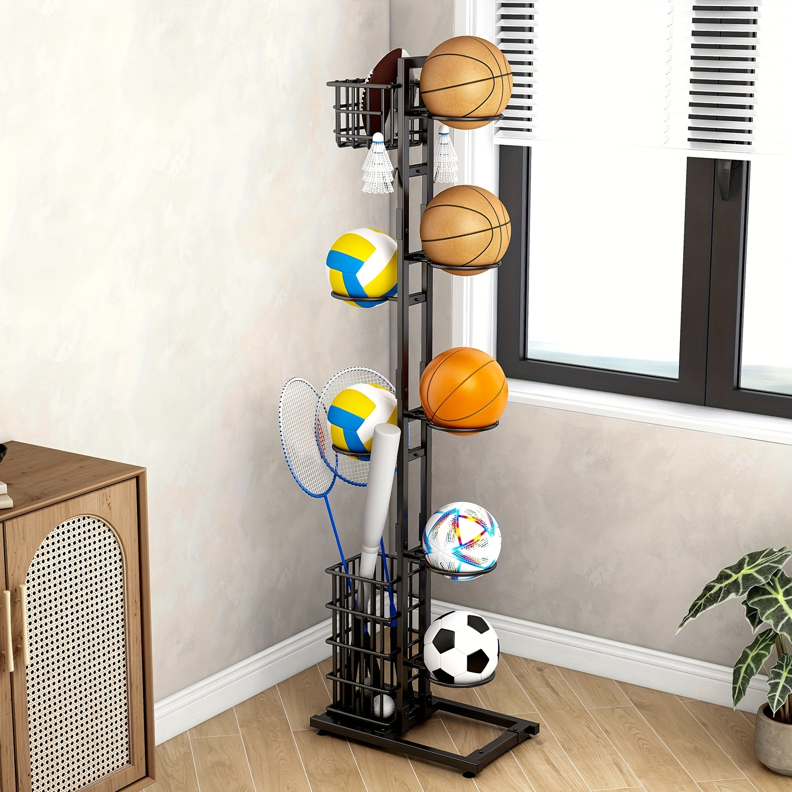 

1pc, Metal Vertical Ball Rack With Plastic Base, Sporting Goods Organizer For Basketball, Football, Rugby, Badminton Racket & Volleyball, Multi-level Storage Basket, Durable Display Stand
