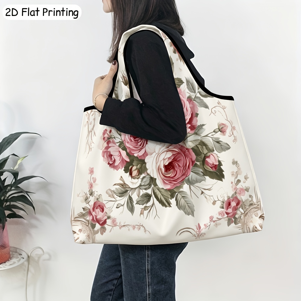 TEMU 2d Flat Printing, 1pc Portable Shopping Bag, Vintage Floral Women's Shoulder Bag, Multi-functional, Handbag, Clutch, Evening Bag, Travel