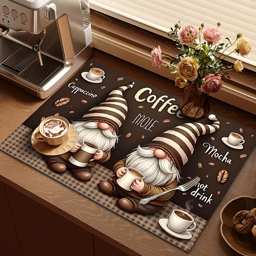 TEMU 1pc Coffee Machine Mat, Absorbent Drying Mat For Kitchen Tableware, Coffee-themed Cartoon Dwarf Design, Bar Counter Decorative Mat, Suitable For