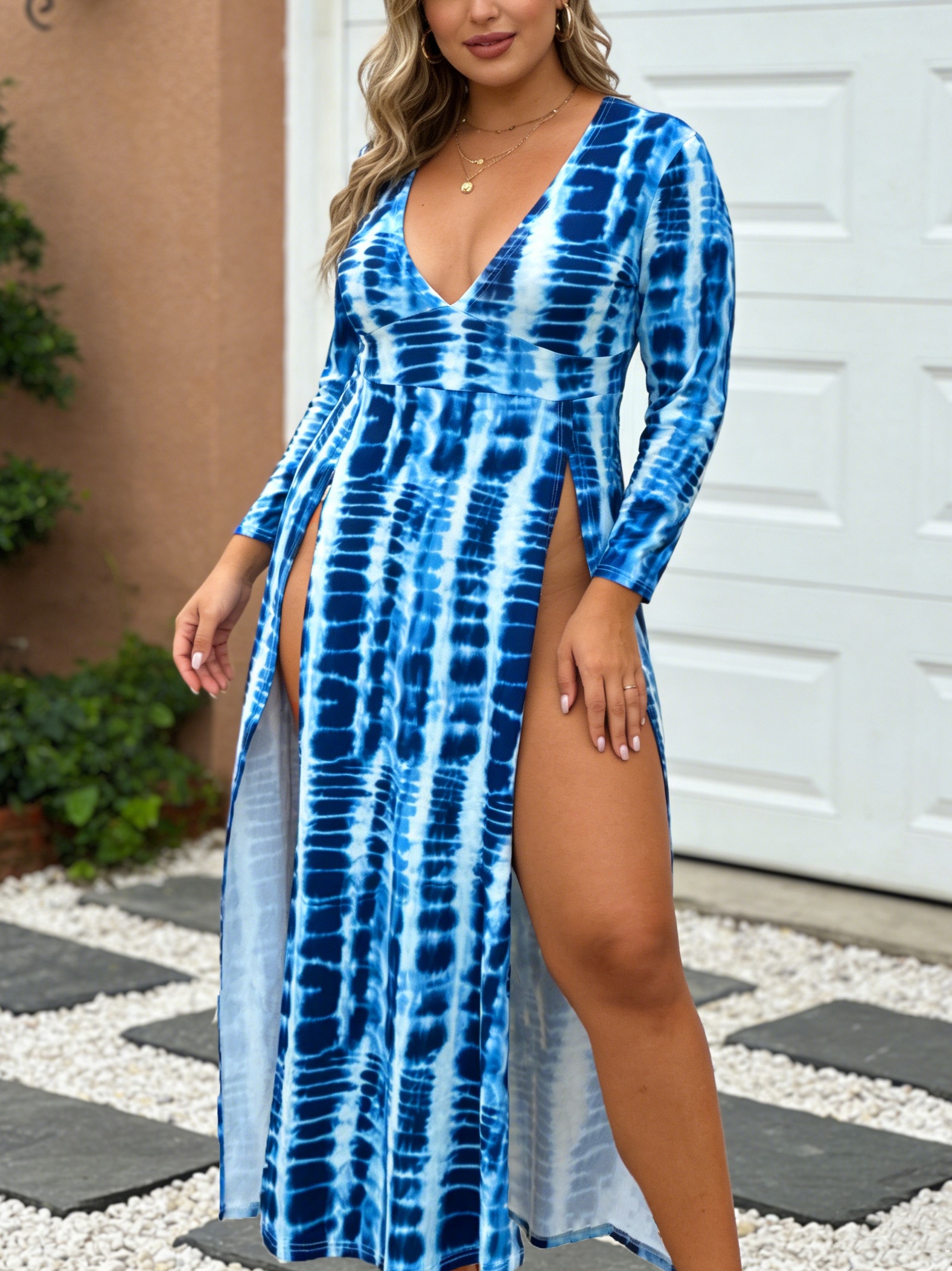 Plus Size, AB6505 Plus Size Women's * Fit V-Neck Slit Dress, Blue and White  Tie-Dye Slit Maxi Dress * Side Slit Long Dress, Vacation, Date, Outing Dress