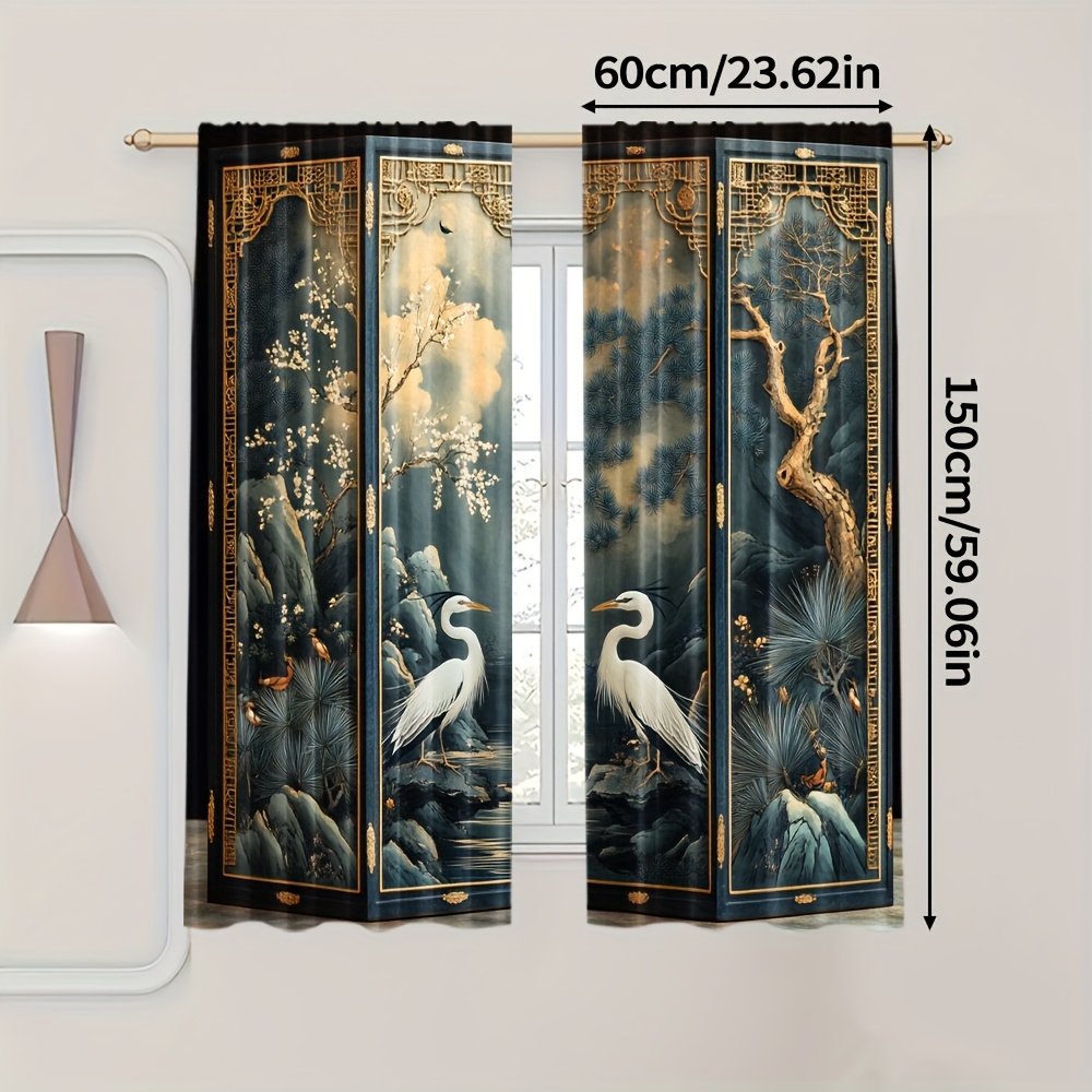 TEMU 2pcs Rideaux Élégants Rétro avec Impression d'Art de Grue Chinoise - Extra Grand, Tissu en Polyester Filtrant , Design à Poche pour Tringle pour
