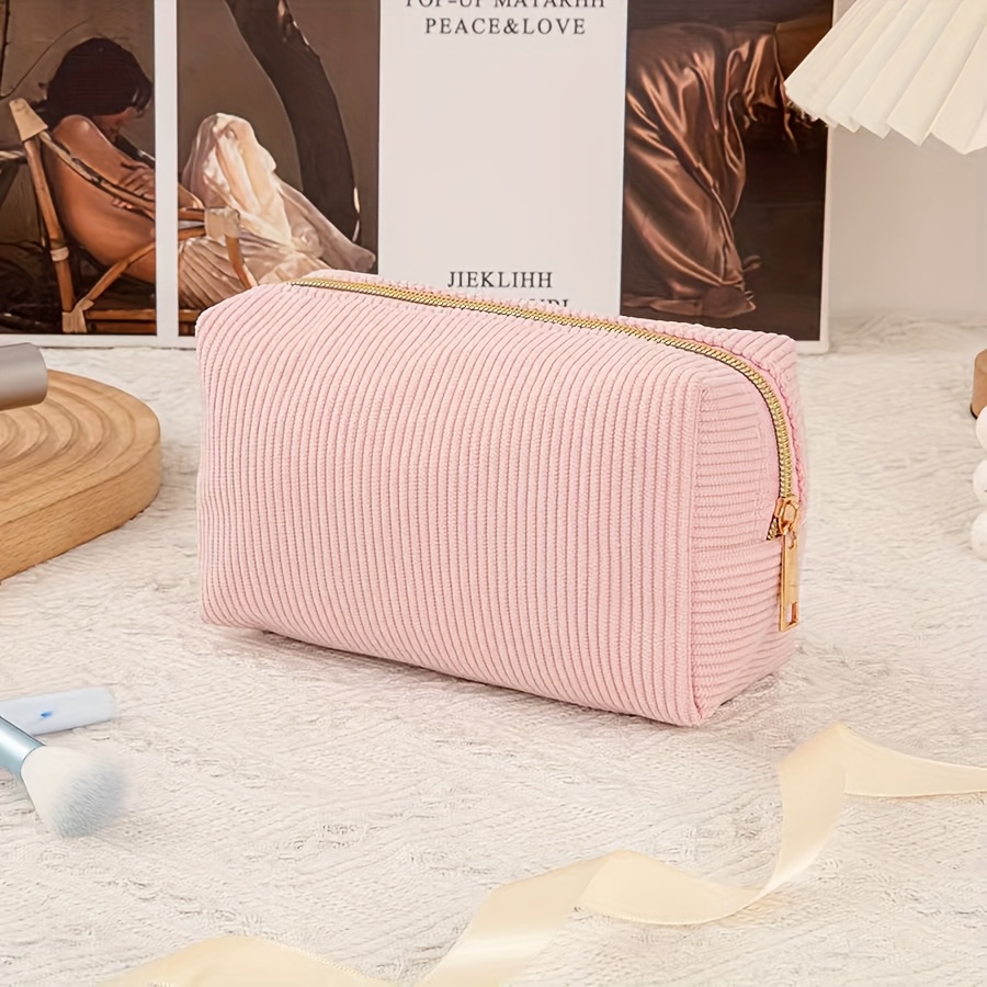 TEMU 1pc Large Open Corduroy Makeup Pouch, Fashionable Toiletry Bag For Women, Retro Travel Accessories Storage Organizer Cosmetic Case, School