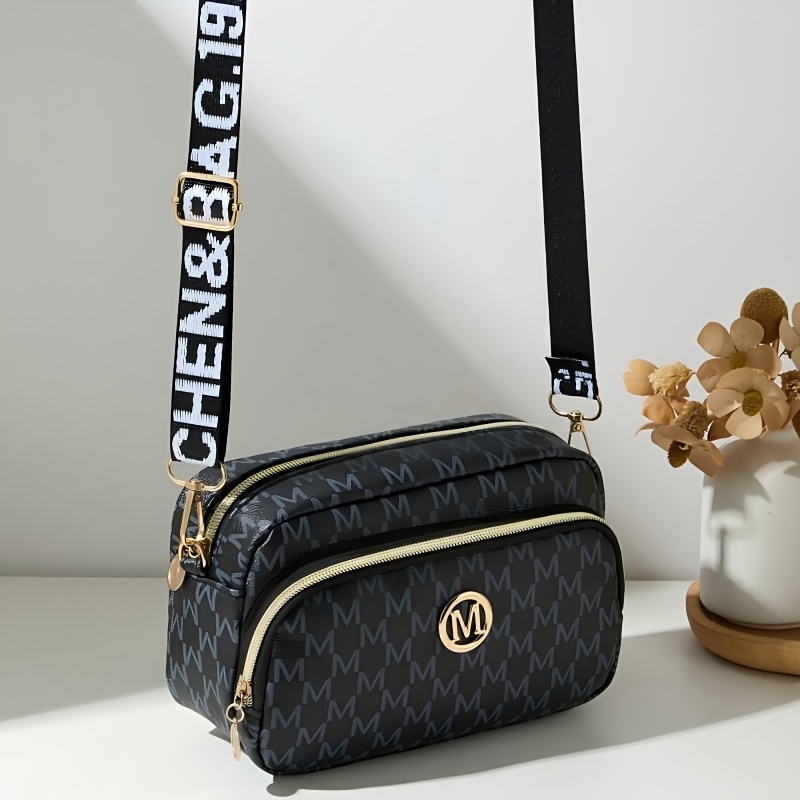 TEMU Retro M Letter Print Small Square Bag Women's Wide Shoulder Strap Crossbody Bag Lightweight Double-zipper Camera Bag Versatile Commute Single