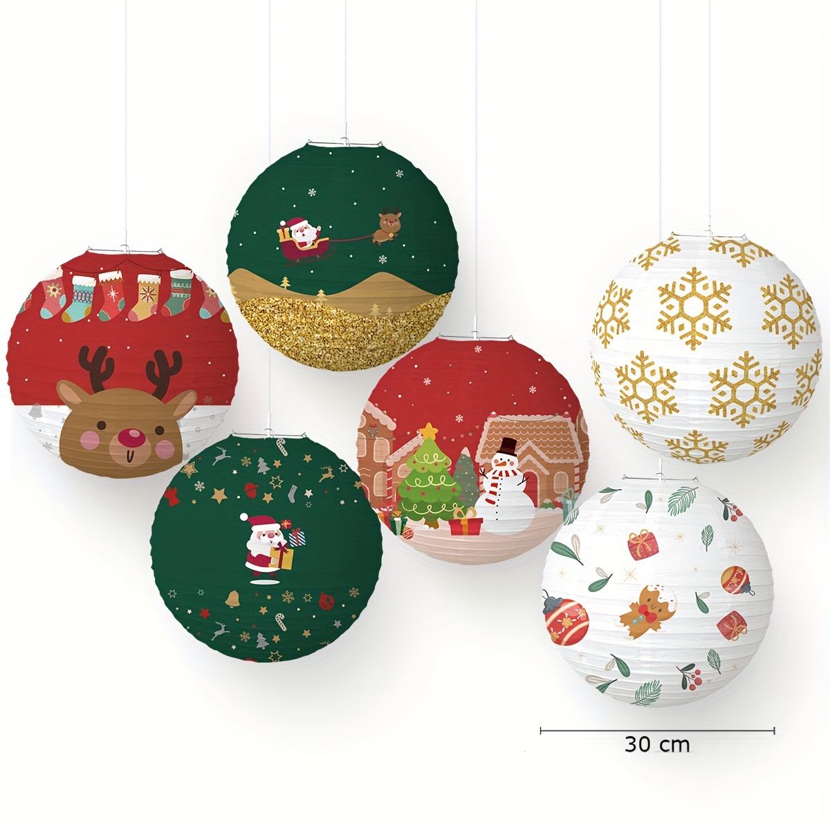 TEMU 6-pack Christmas Paper Lanterns - Holiday Party Decor Diy No-electricity Craft Lanterns In Festive White, Red, And Dark Green Designs