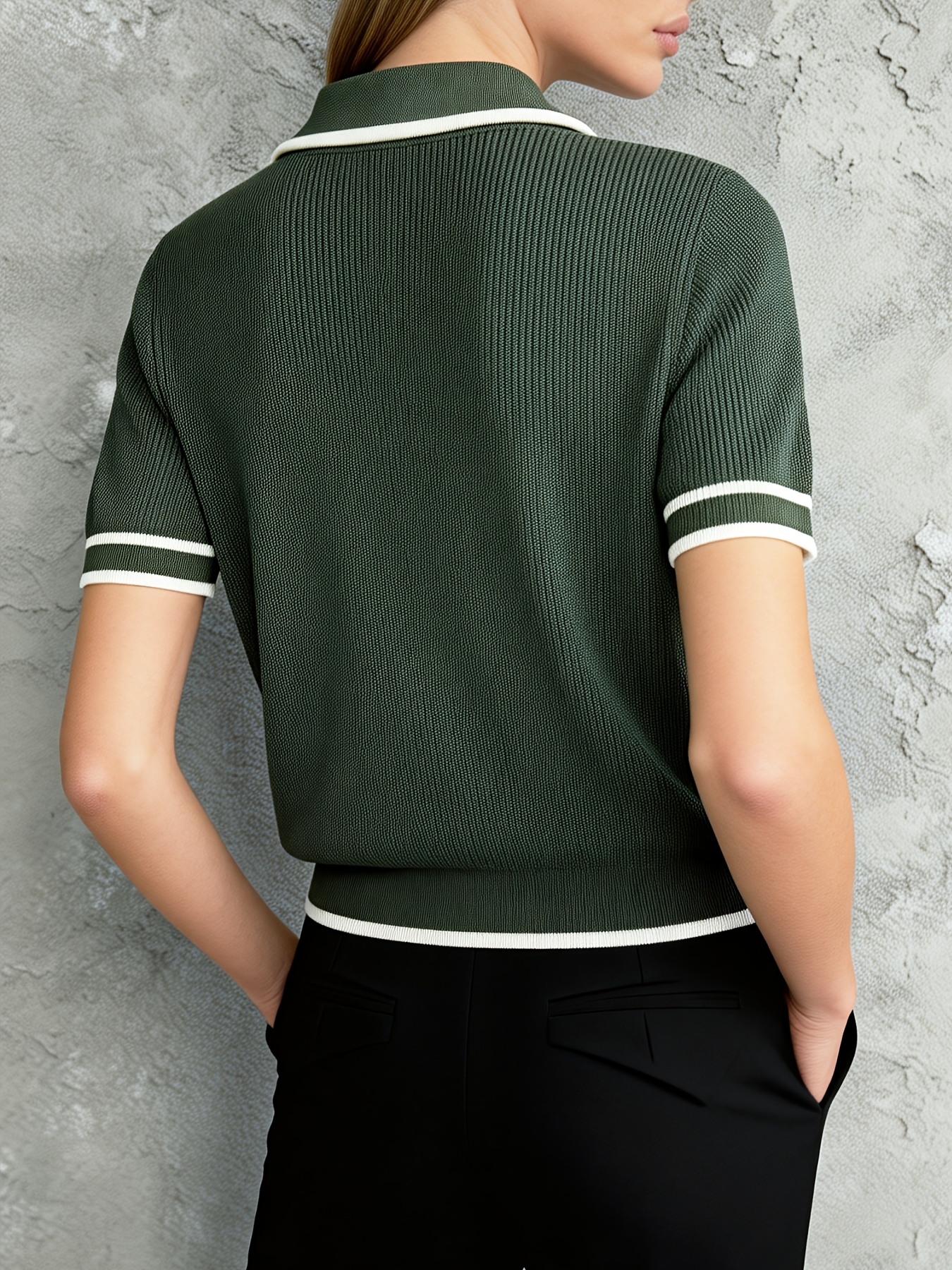 Women'S Spring Summer Solid Color Fitted Short Sleeve Polo Neck Button-Up Casual Intercolor Top
