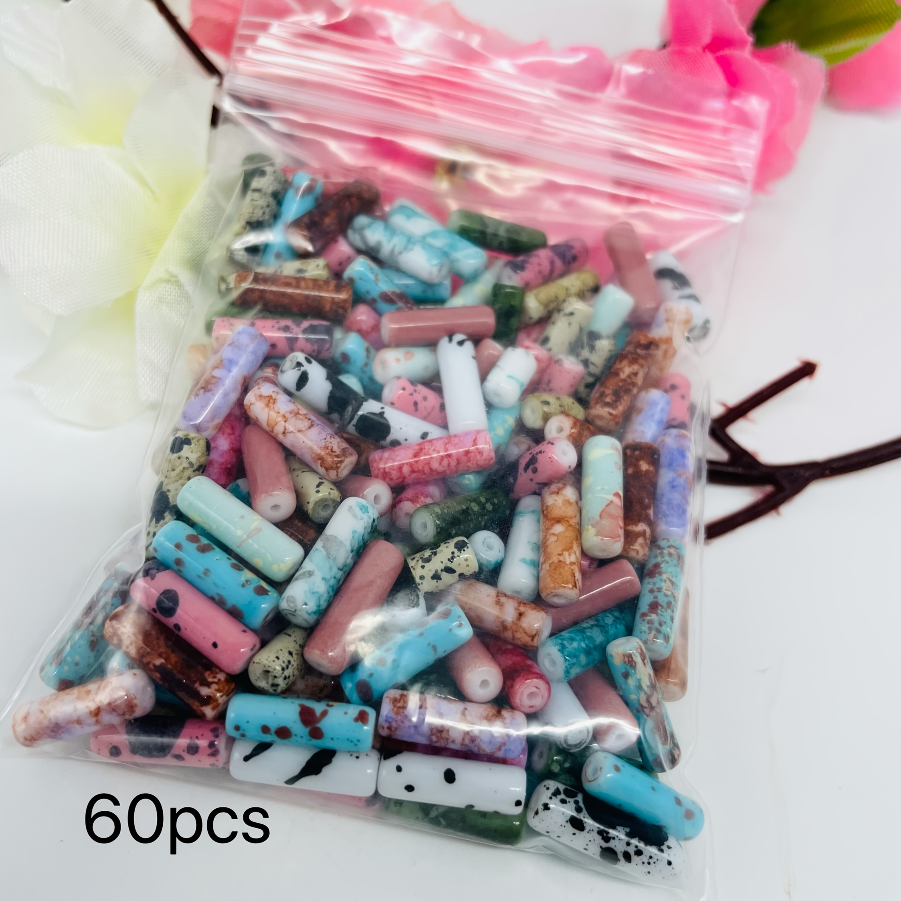 TEMU Cuentas de tubo de cristal con manchas de 4x13 mm, 30 o 60 piezas por paquete, cuentas cilíndricas sueltas con orificio pasante para suministros