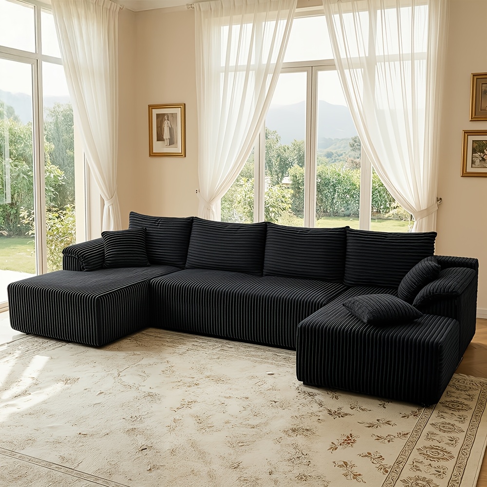 A 336 Cm Long Beige Corduroy U-shaped Sofa Ready For Immediate Use, Featuring Memory Foam Padding For High Seating And The To Recline ( Style, Suitable For Spacious Rooms, No )