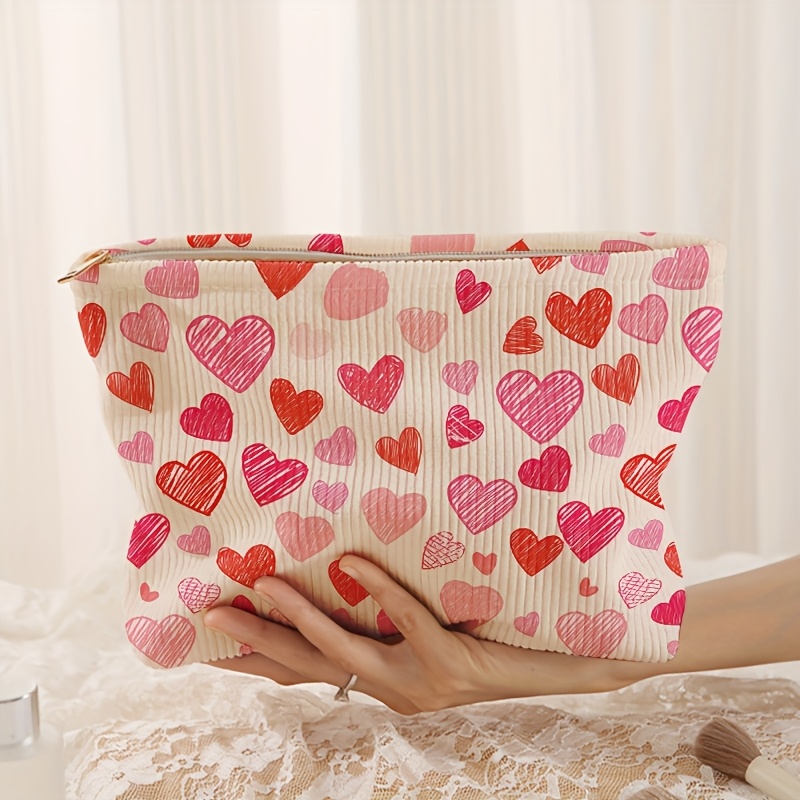 

Cartoon Red Heart Pattern Printed Corduroy Zipper Cosmetic Bag, Lightweight Polyester Makeup Pouch, Multifunctional Toiletry Organizer With Lining, Unscented