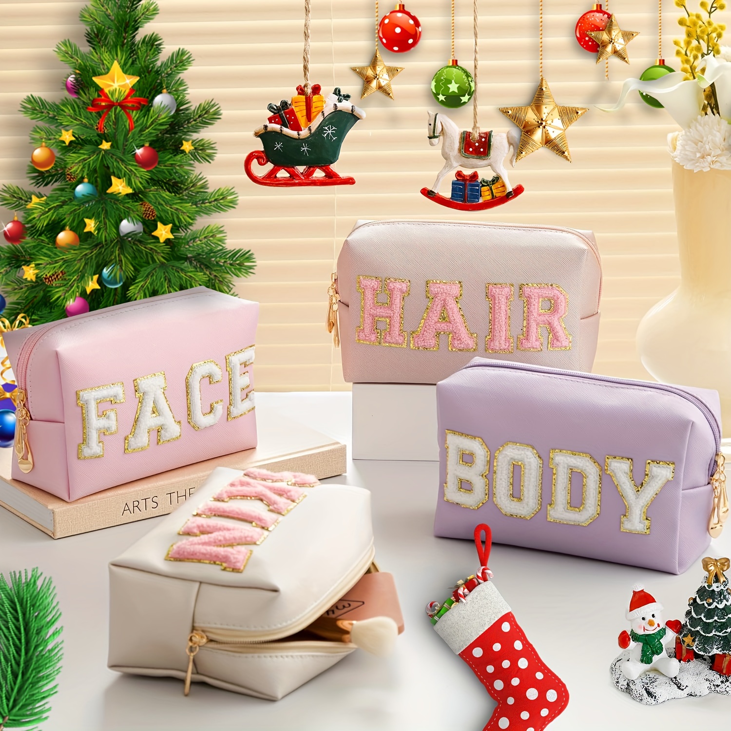 

4 Pcs Chenille Letter Patch Makeup Bags - Portable Waterproof Cosmetic Organizer For Women, Fragrance-free Christmas Gift For Women