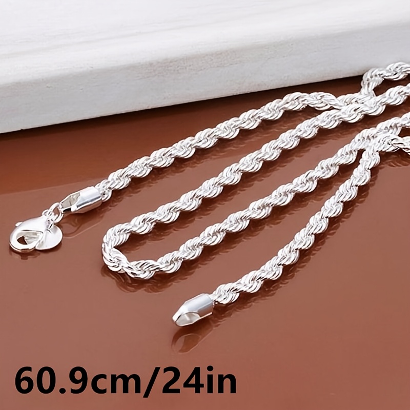 TEMU Unisex Stainless Steel Twisted Rope Chain Necklace, 925 Silver Plated, Simple Tribal Style, Daily And Party Wear, Valentine's Day Gift, Jewelry For All