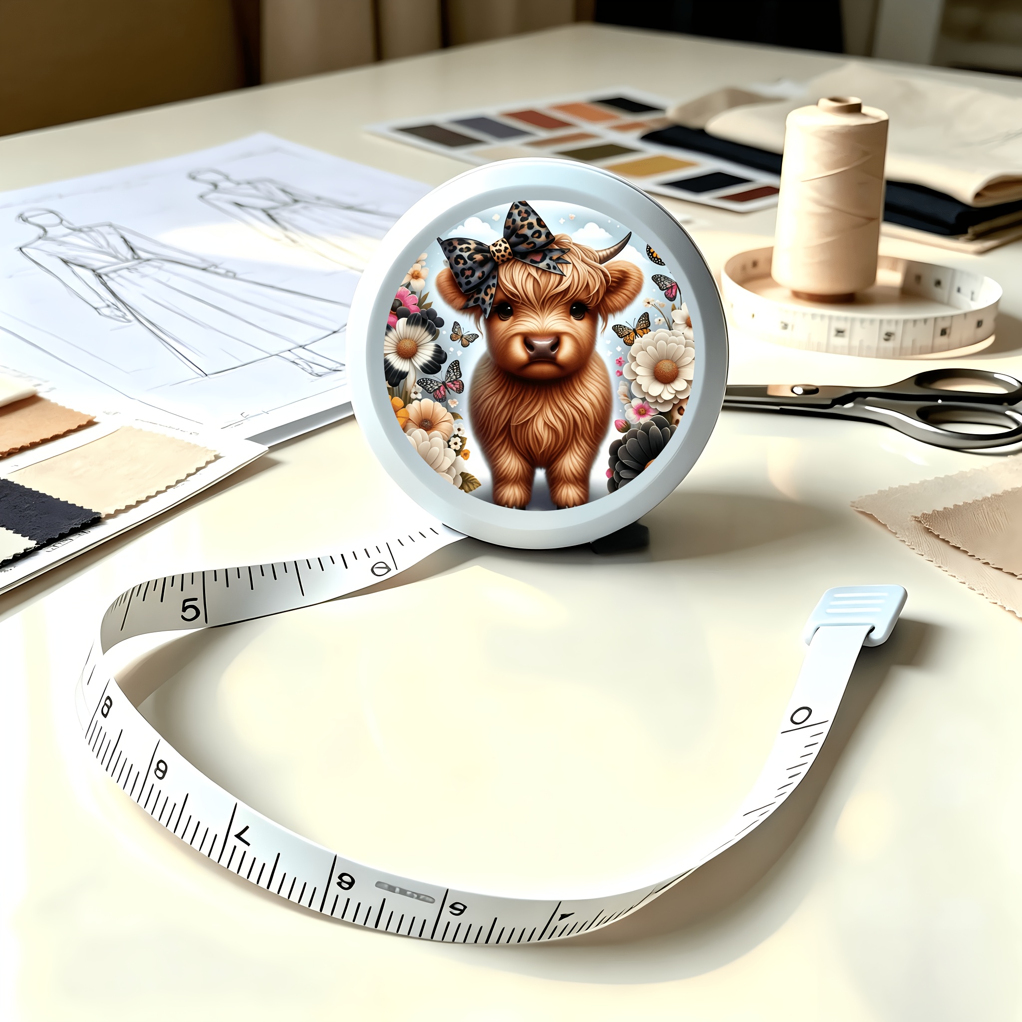 TEMU 1pc 150cm/60-inch Dual-scale Sweet, Cool, Cute, And Fun Highland Cow Retractable Tape Measure, Mini Portable Soft Leather Tape, For Home Use,