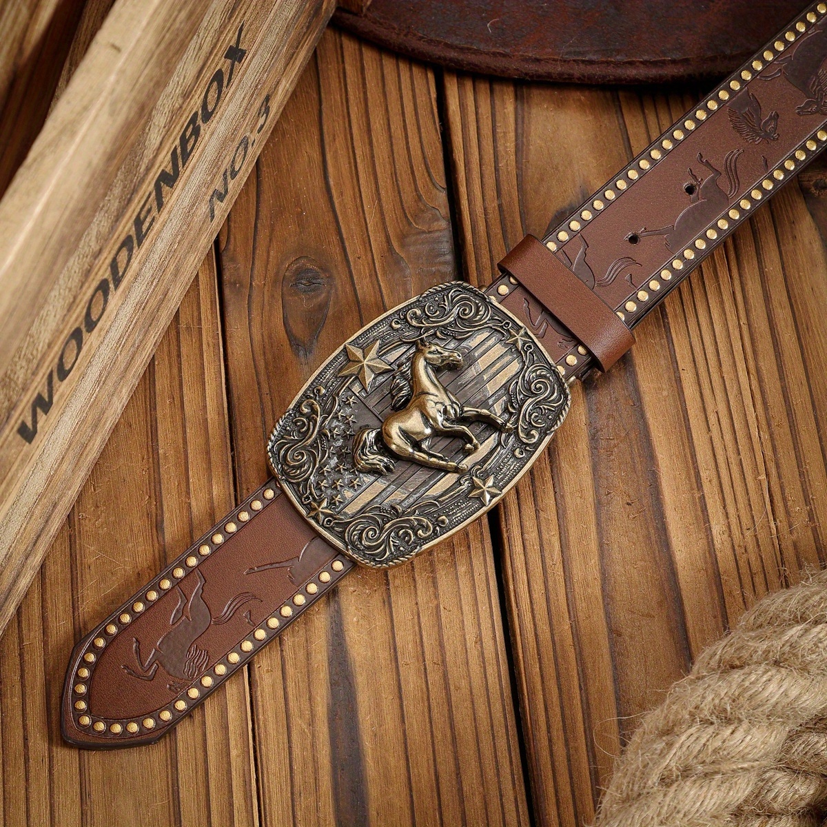 TEMU A Western-style Men's Belt, Symbolizing Success, Made Of Pu With , Casual And Vintage (includes A Hole Puncher)