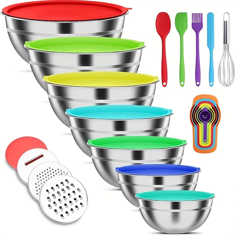 

21pcs Mixing Bowls With Lids Set, Stainless Steel Mixing Bowls With 3 Grater Attachments, Size 4.5, 4, 3.5, 2.1, 1.5, 1.1, 0.7qt, Ideal For Kitchen Cooking Baking & Serving