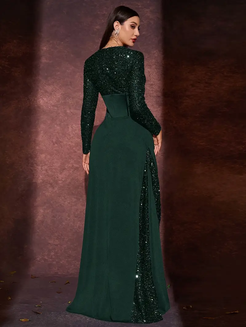 sequined v neck long sleeve waist cinching slit dress - Temu sequined v neck long sleeve waist cinching slit dress - Temu