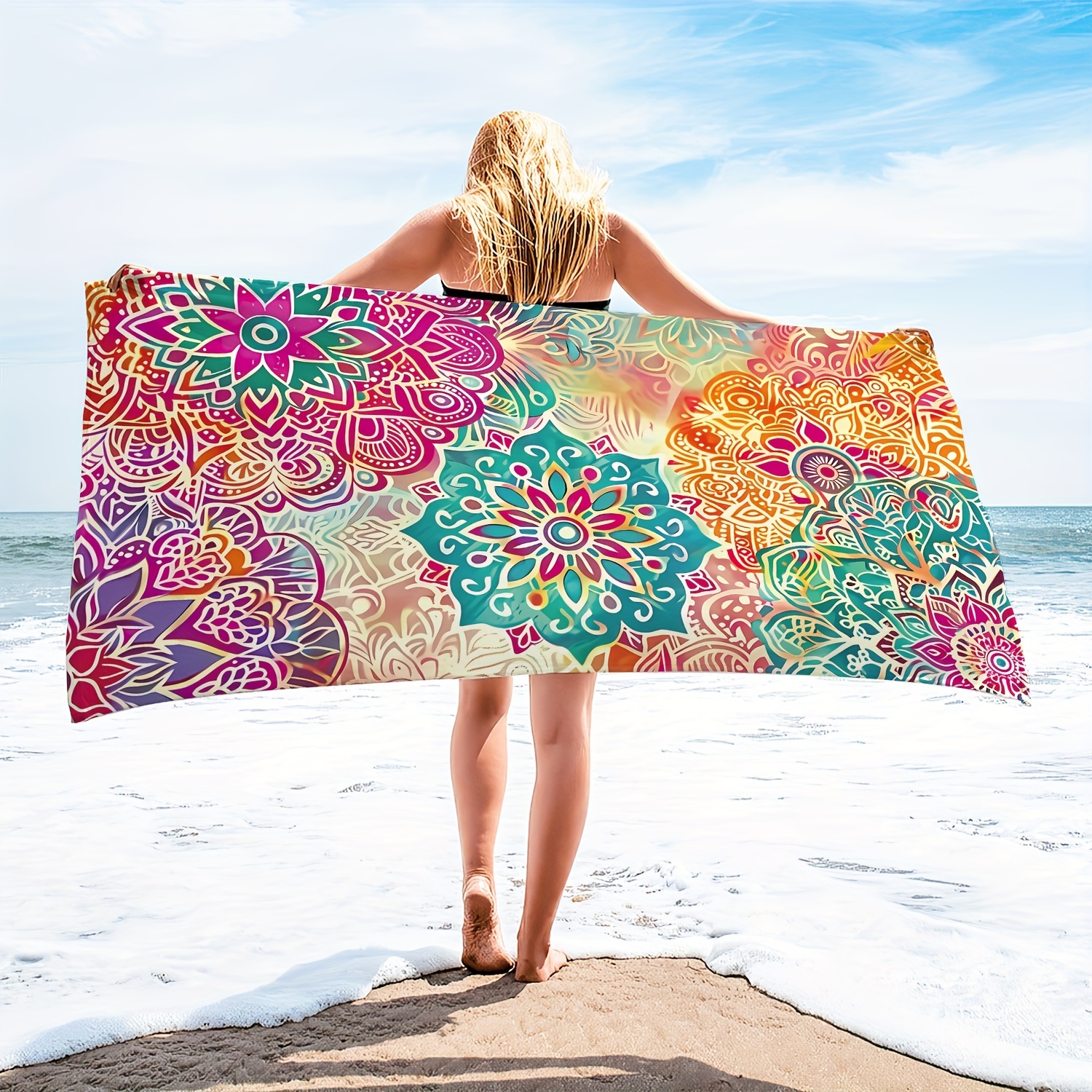 

1pc Mandala Floral Microfiber Beach Towel, Bohemian Oversized Beach Towel, Lightweight Sandproof Quick Drying Absorbent Towel, Swimming Pool Camping Beach Accessory