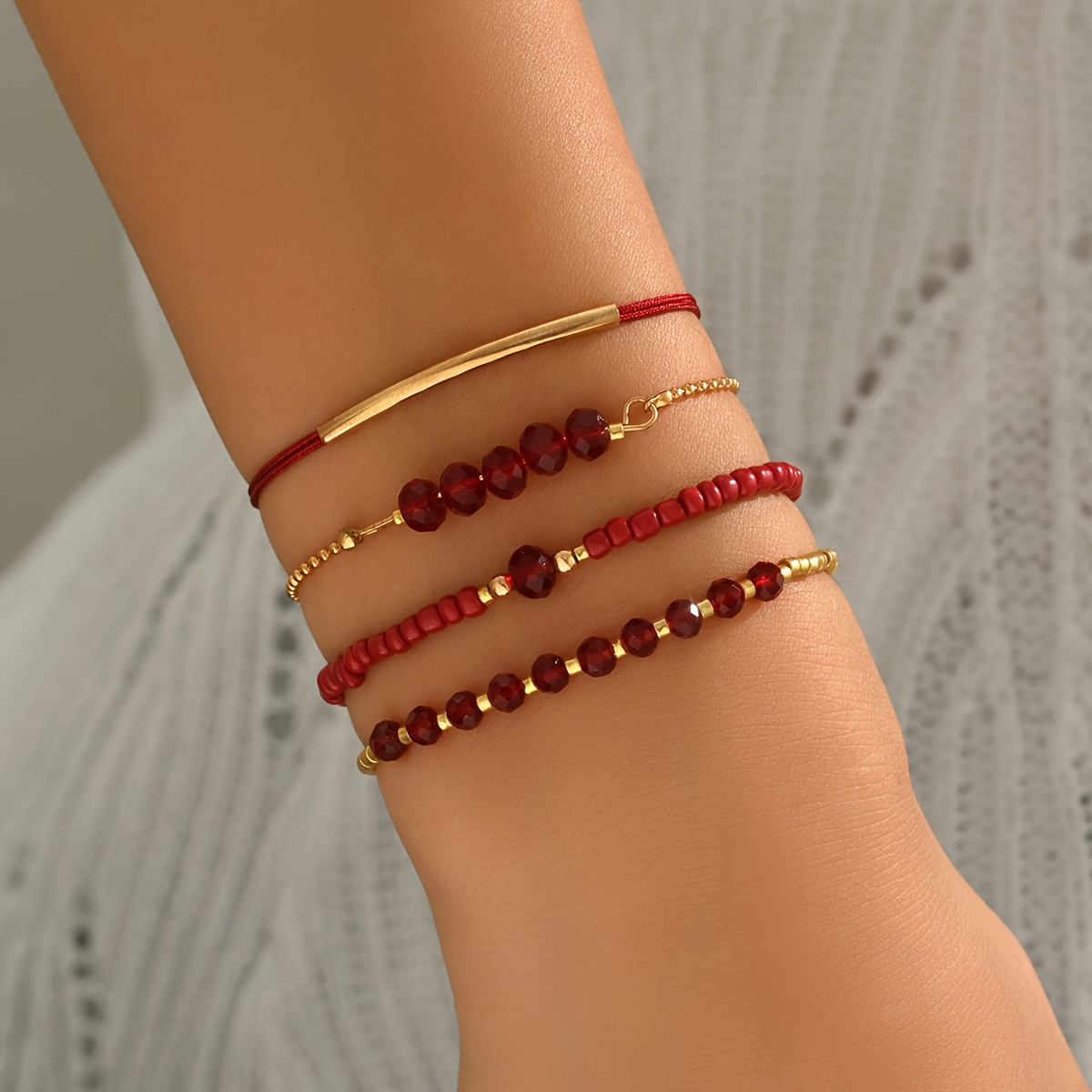 TEMU Juego de 4 pulseras apilables de tubo de cobre con cuentas de vidrio estilo retro boho, adecuado para uso diario, casual y vacaciones en todas ,