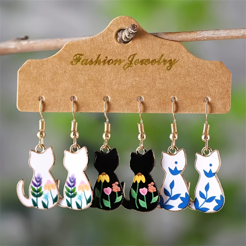 TEMU 3 paires de boucles d'oreilles chat bohèmes faites à , adaptées au port et aux cadeaux, boucles d'oreilles pendantes avec pendentif chaton en